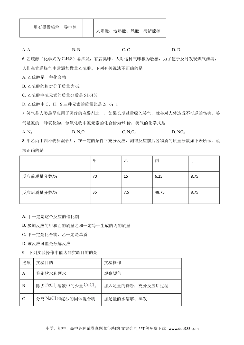【中考历年真题】湖北省鄂州市2021年中考化学试题（原卷版）.doc