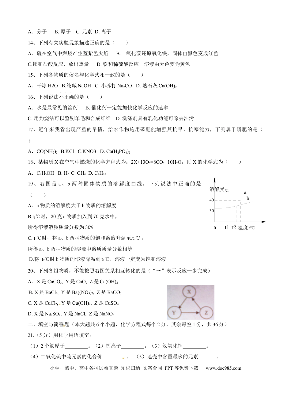 【中考历年真题】云南省2012年中考化学试卷(文字版-含答案).docx
