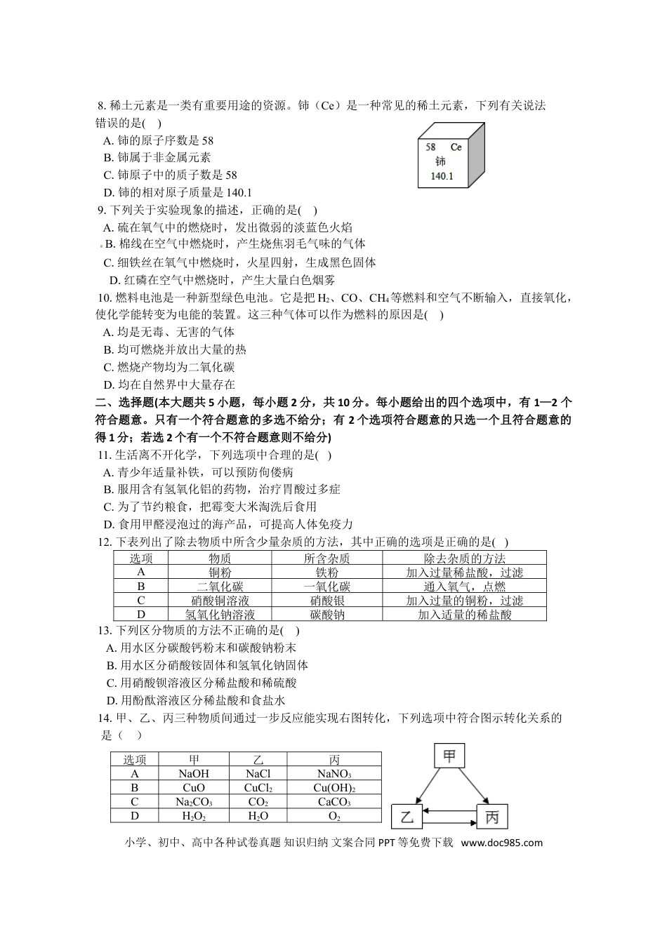 【中考历年真题】2014年天津市中考化学试题及答案.doc