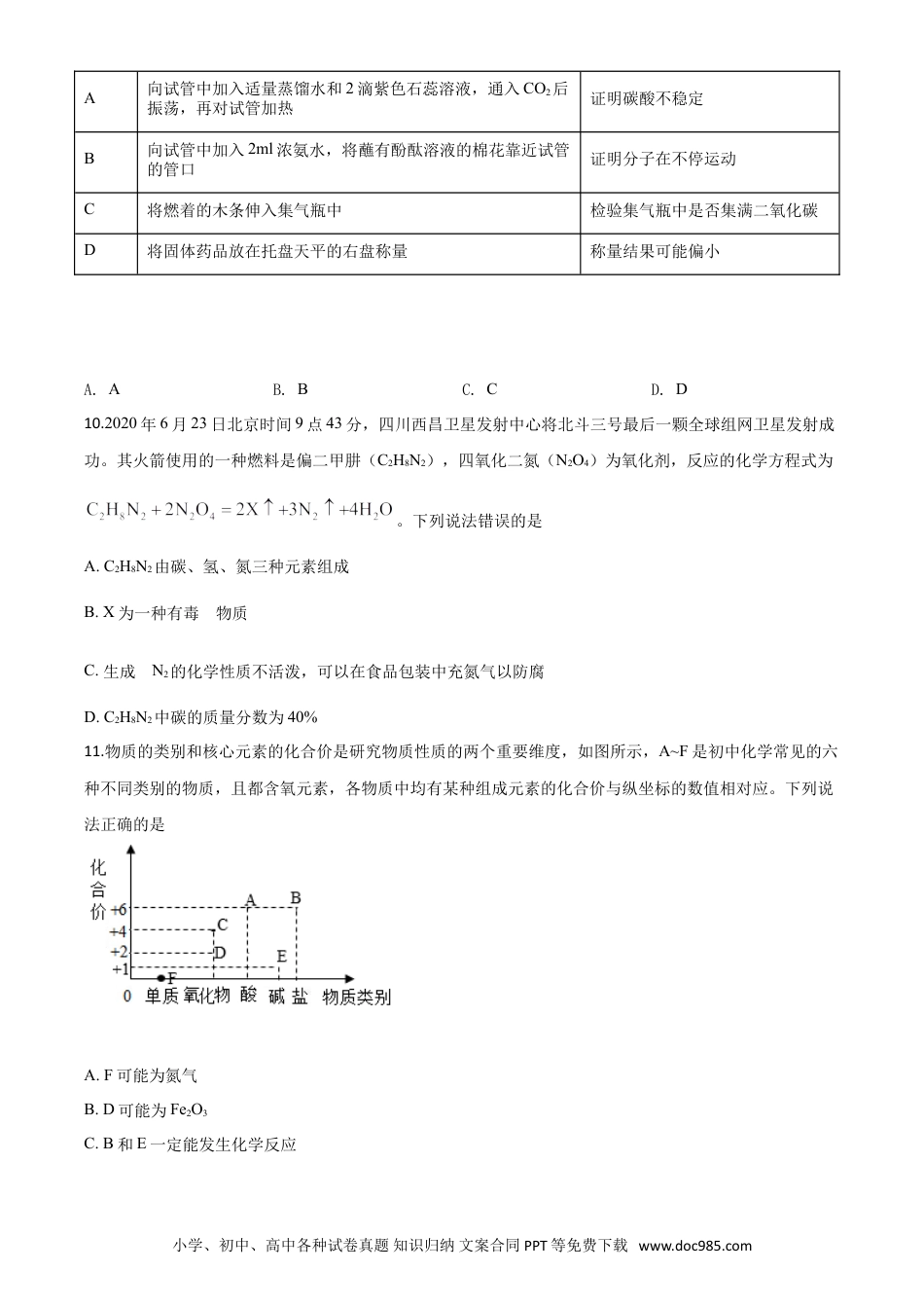 【中考历年真题】精品解析：四川省广安市2020年中考化学试题（原卷版）.doc
