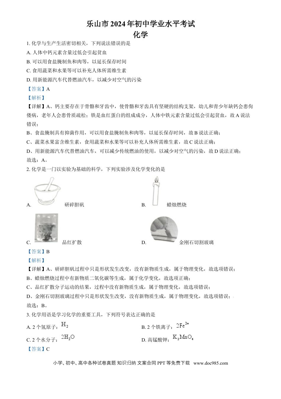 【中考历年真题】精品解析：2024年四川省乐山市中考化学真题（解析版） (1).docx