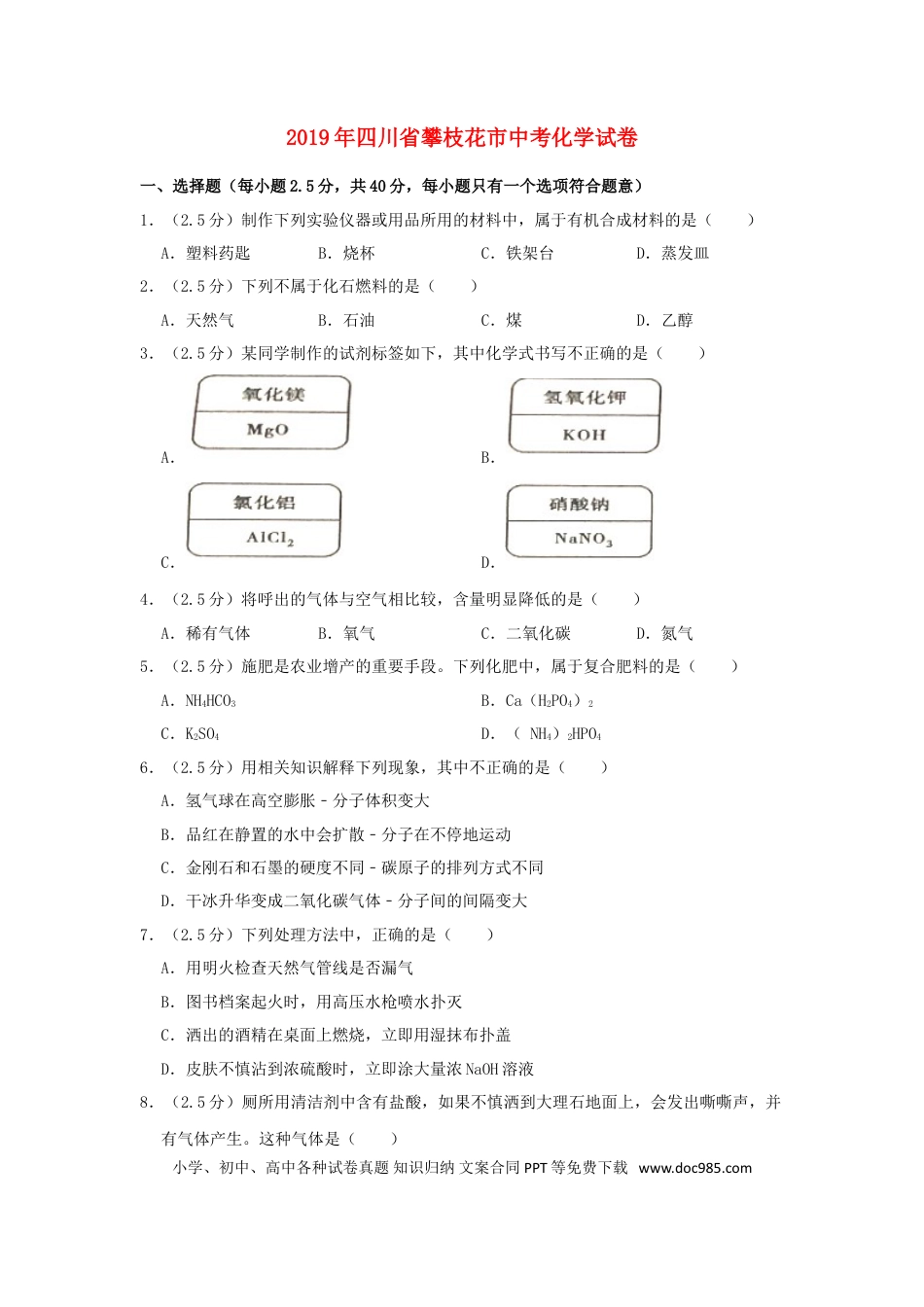 【中考历年真题】四川省攀枝花市2019年中考化学真题试题（含解析）.doc