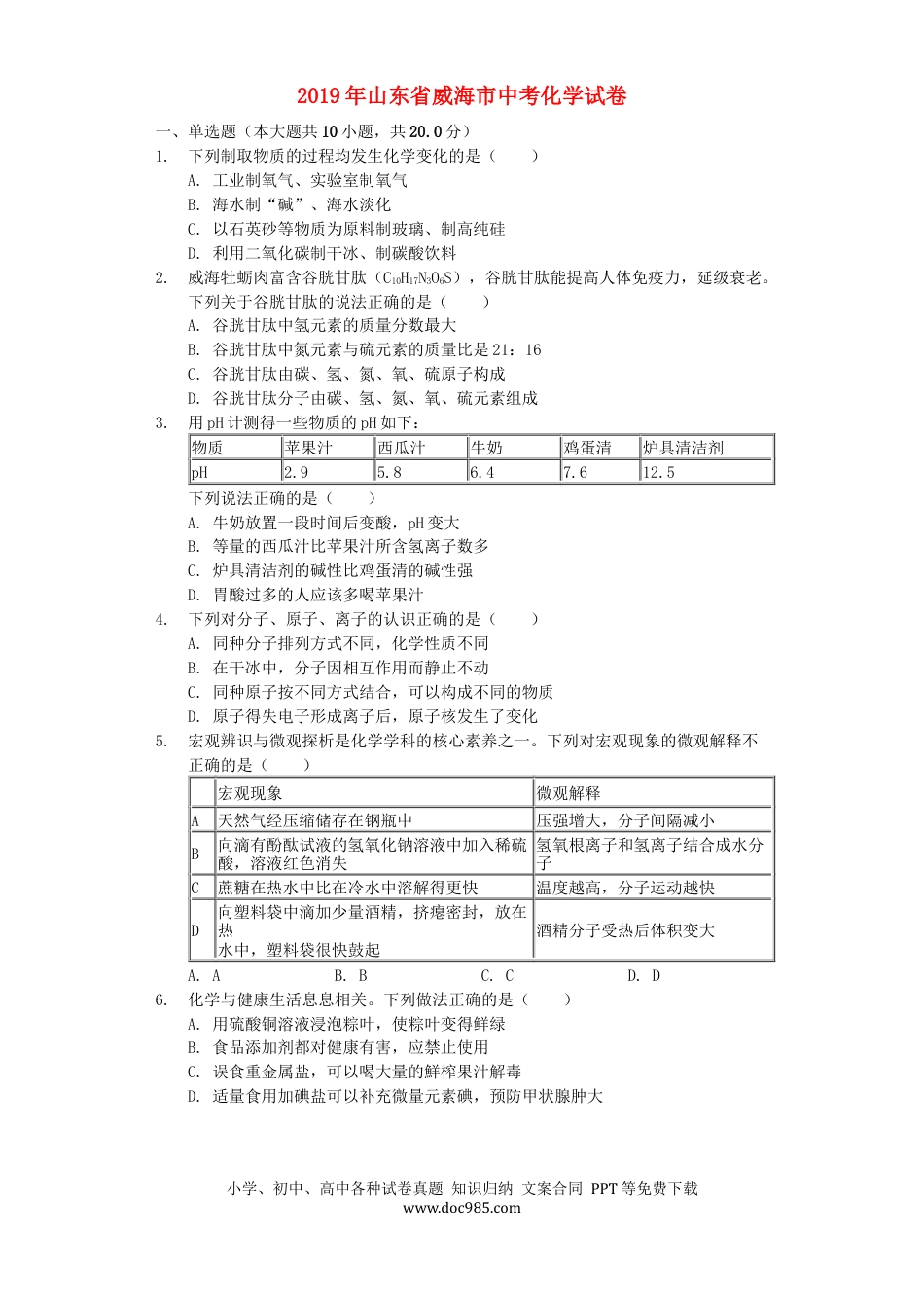 【中考历年真题】山东省威海市2019年中考化学真题试题（含解析）.docx