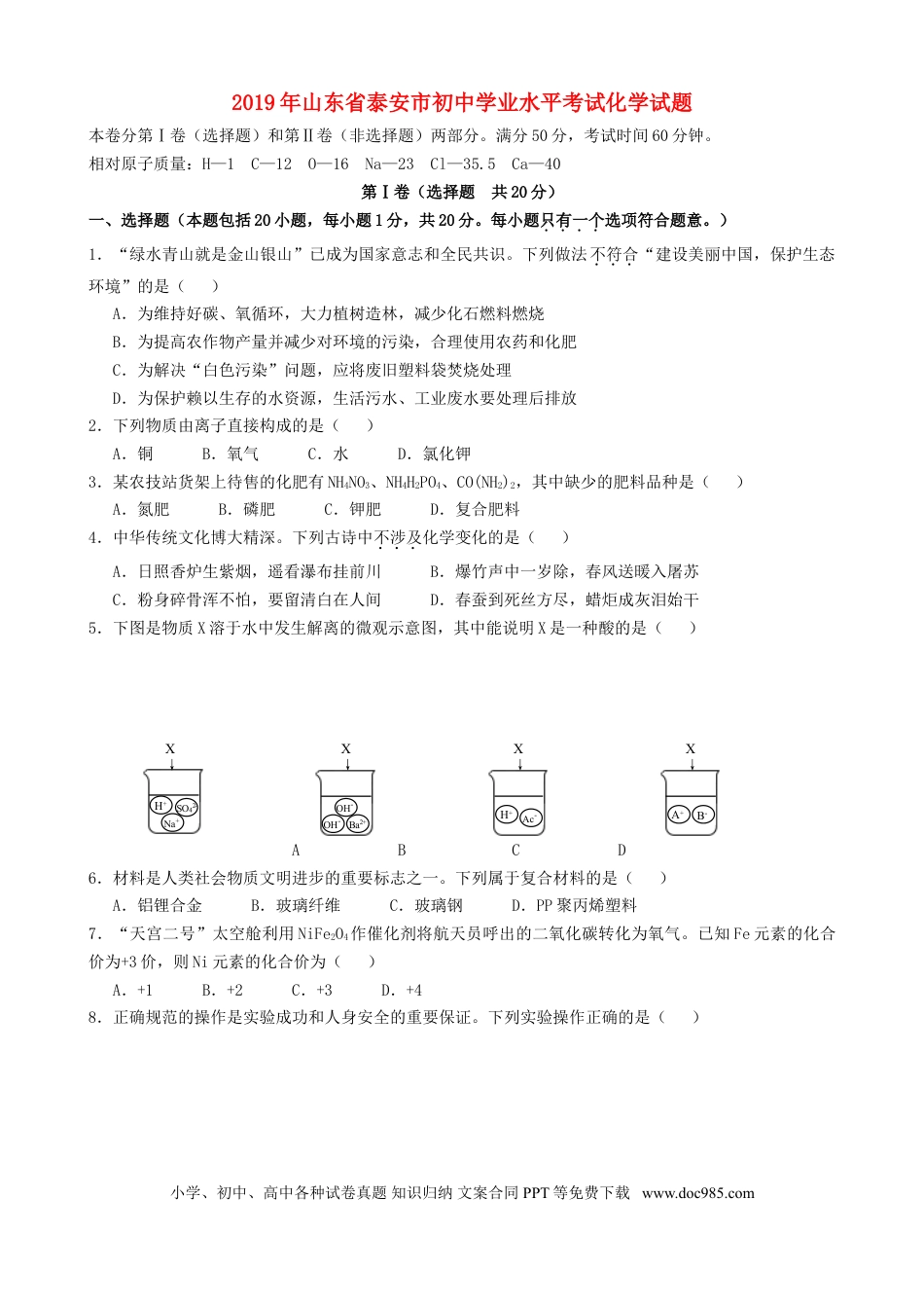 【中考历年真题】山东省泰安市2019年中考化学真题试题.doc