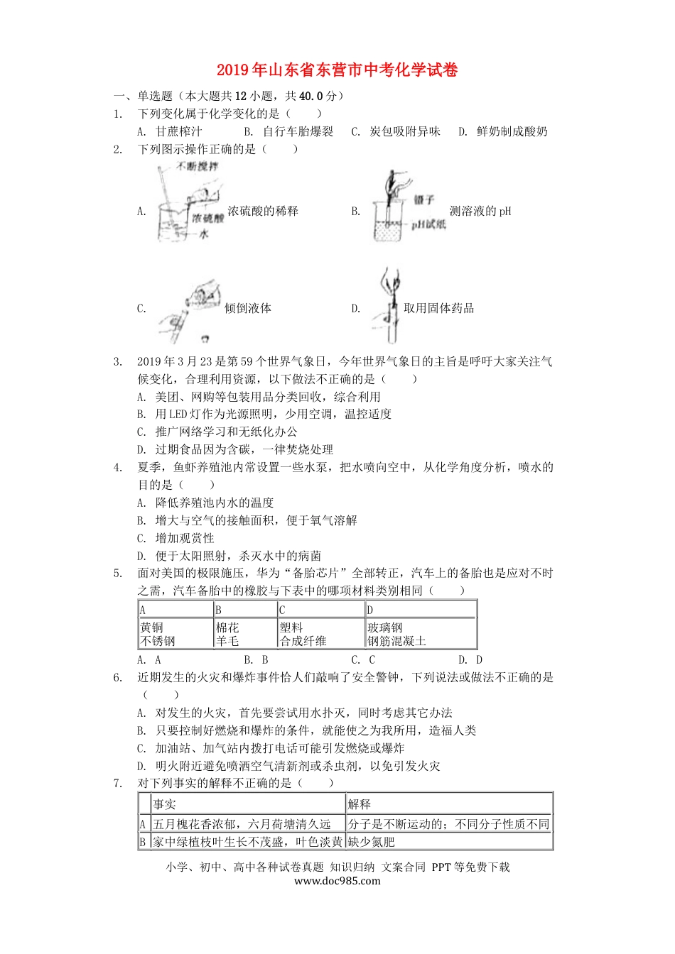 【中考历年真题】山东省东营市2019年中考化学真题试题（含解析）.docx