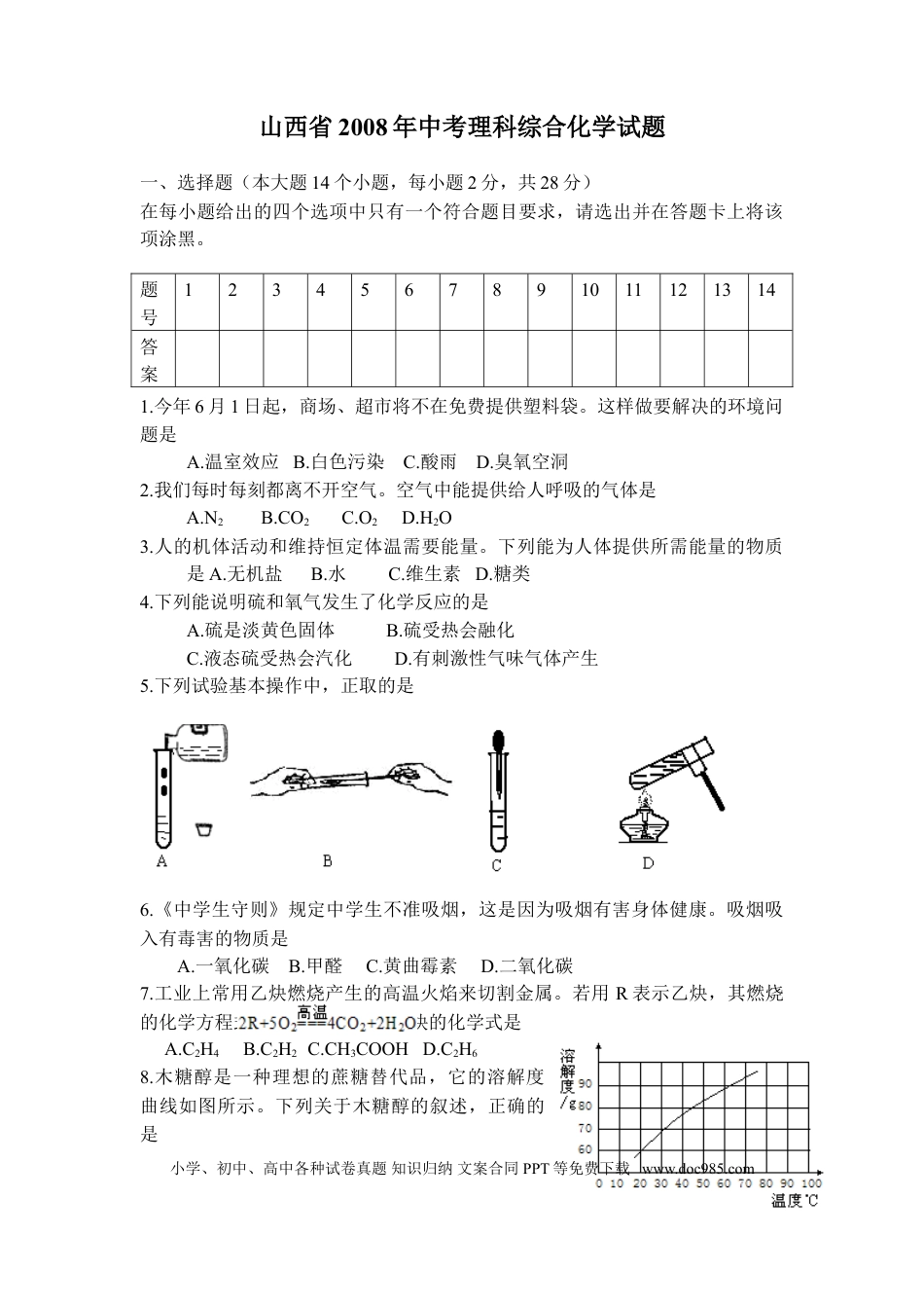 【中考历年真题】2008年山西省中考化学试题(word版含答案).doc