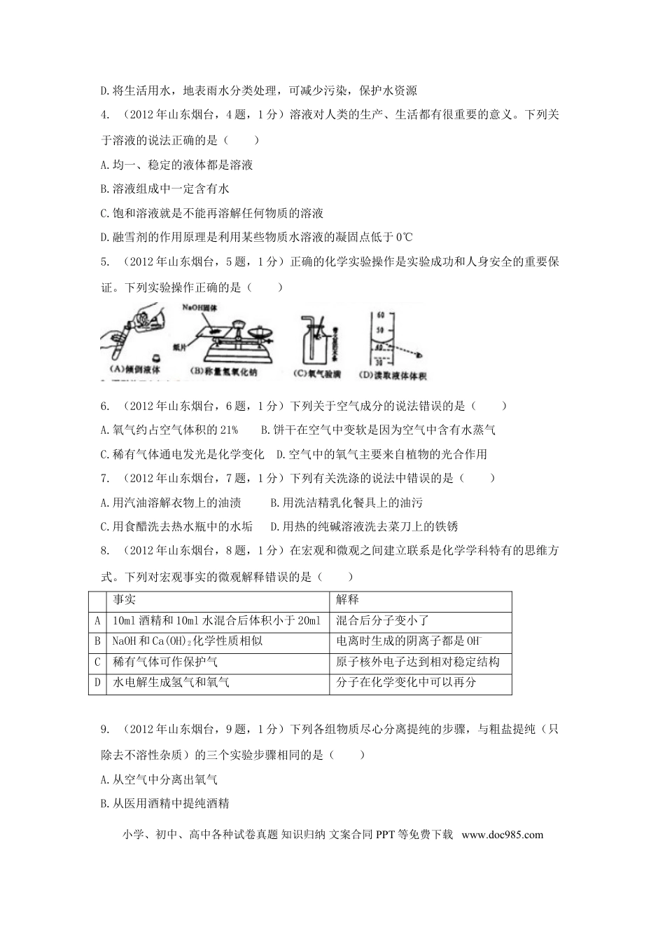 【中考历年真题】2012年山东省烟台市中考化学试题及答案.doc