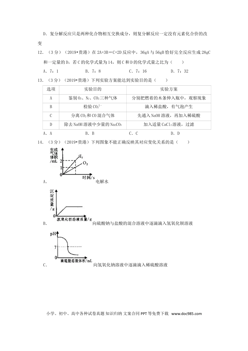 【中考历年真题】广西贵港市2019年中考化学真题试题（含解析）.doc