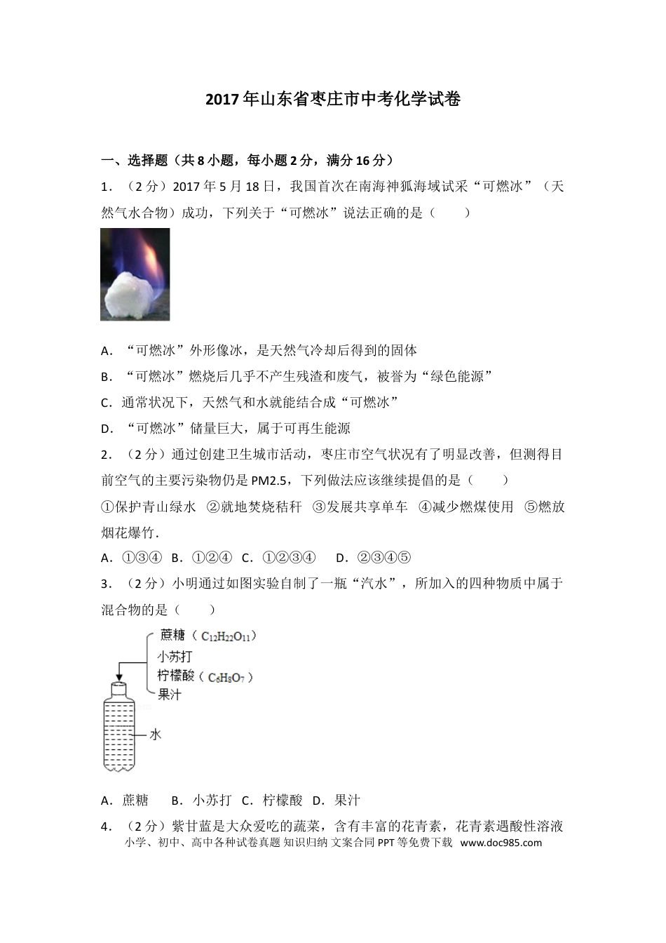 【中考历年真题】2017年枣庄市中考化学试卷及答案.doc