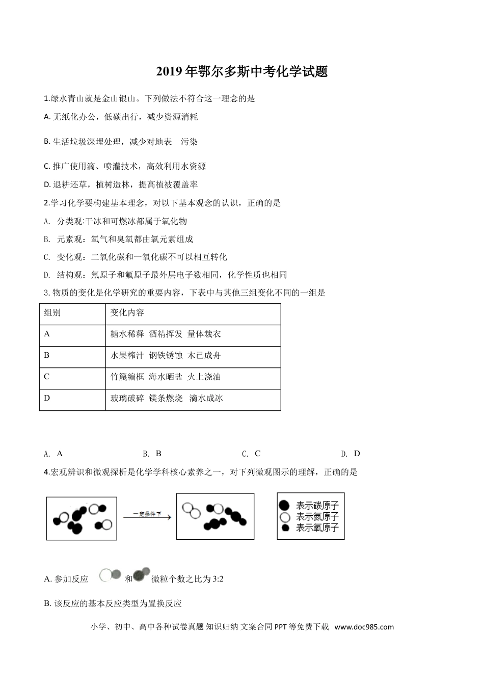 【中考历年真题】精品解析：内蒙古鄂尔多斯市2019年中考化学试题（原卷版）.doc