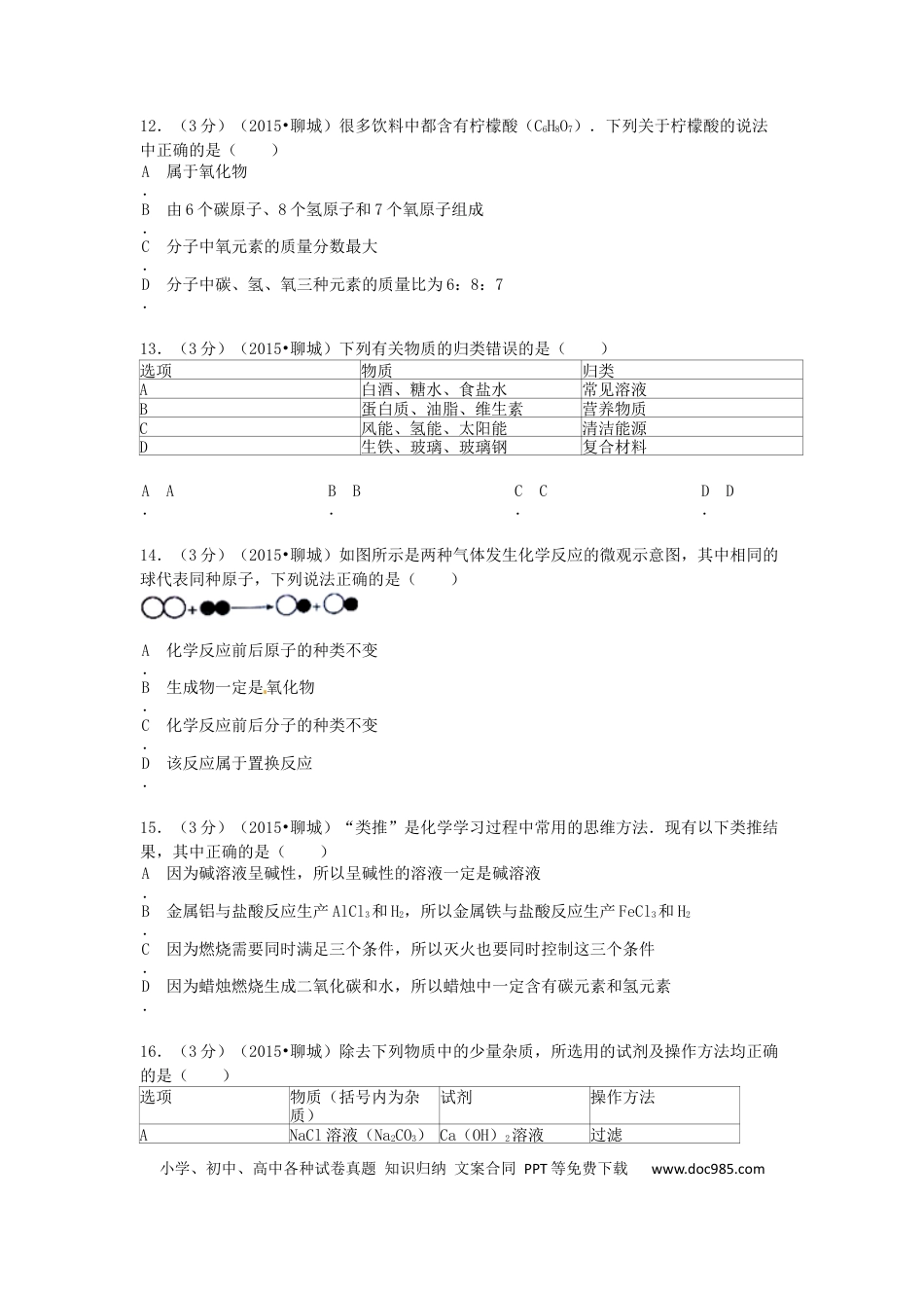 【中考历年真题】2015年山东省聊城市中考化学试卷.docx