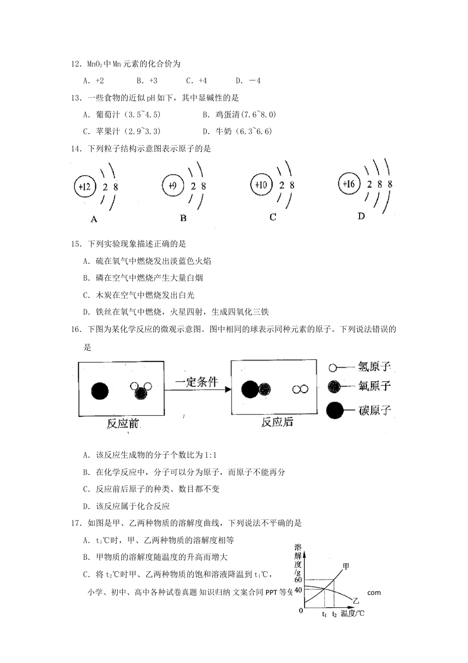 【中考历年真题】云南省2018年中考化学真题试题（含答案）.doc