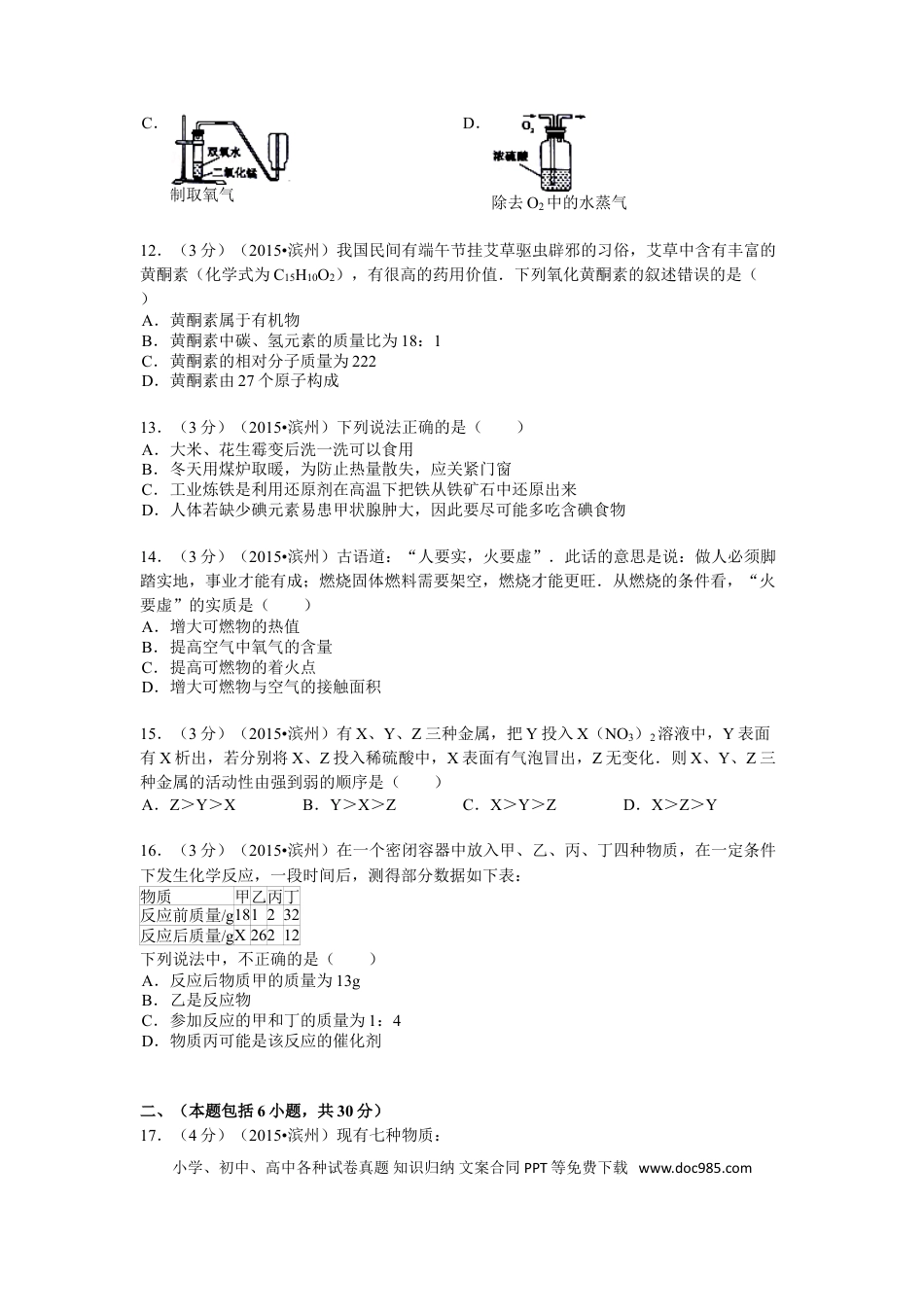 【中考历年真题】2015年滨州市中考化学试卷及解析.doc