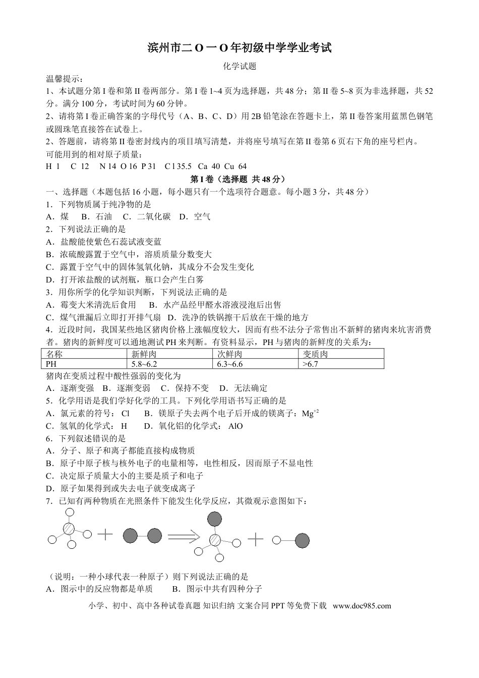 【中考历年真题】2010年滨州中考化学试题及答案.doc