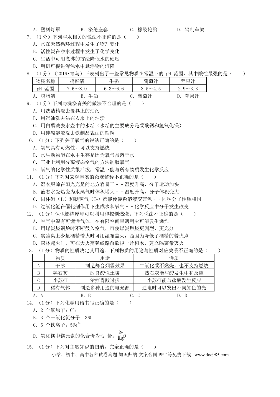 【中考历年真题】2019年山东省青岛市中考化学试题及答案.doc