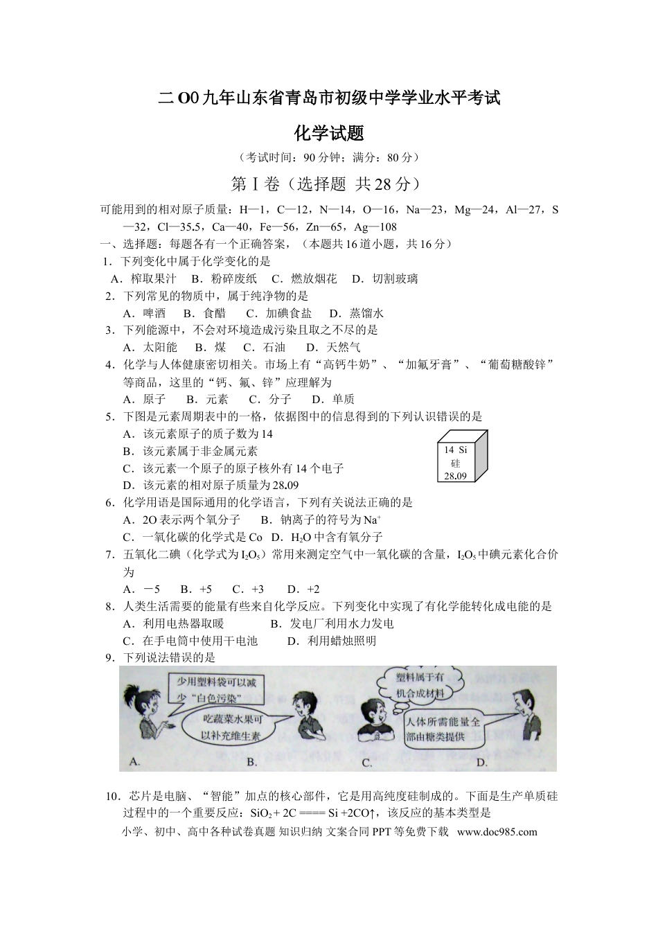 【中考历年真题】2009年山东省青岛市中考化学试题及答案.doc