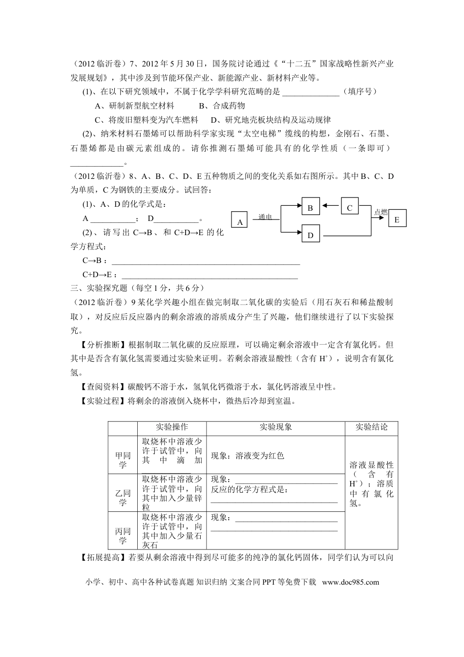 【中考历年真题】2012年山东省临沂市中考化学试题及答案.doc