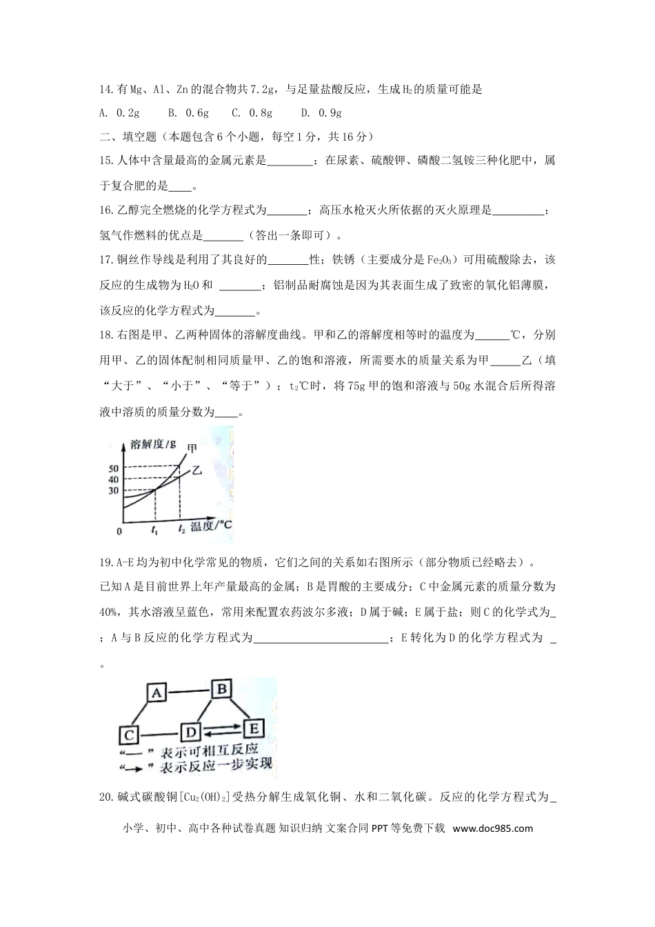 【中考历年真题】河南省2018年中考化学真题试题（含扫描答案）.doc