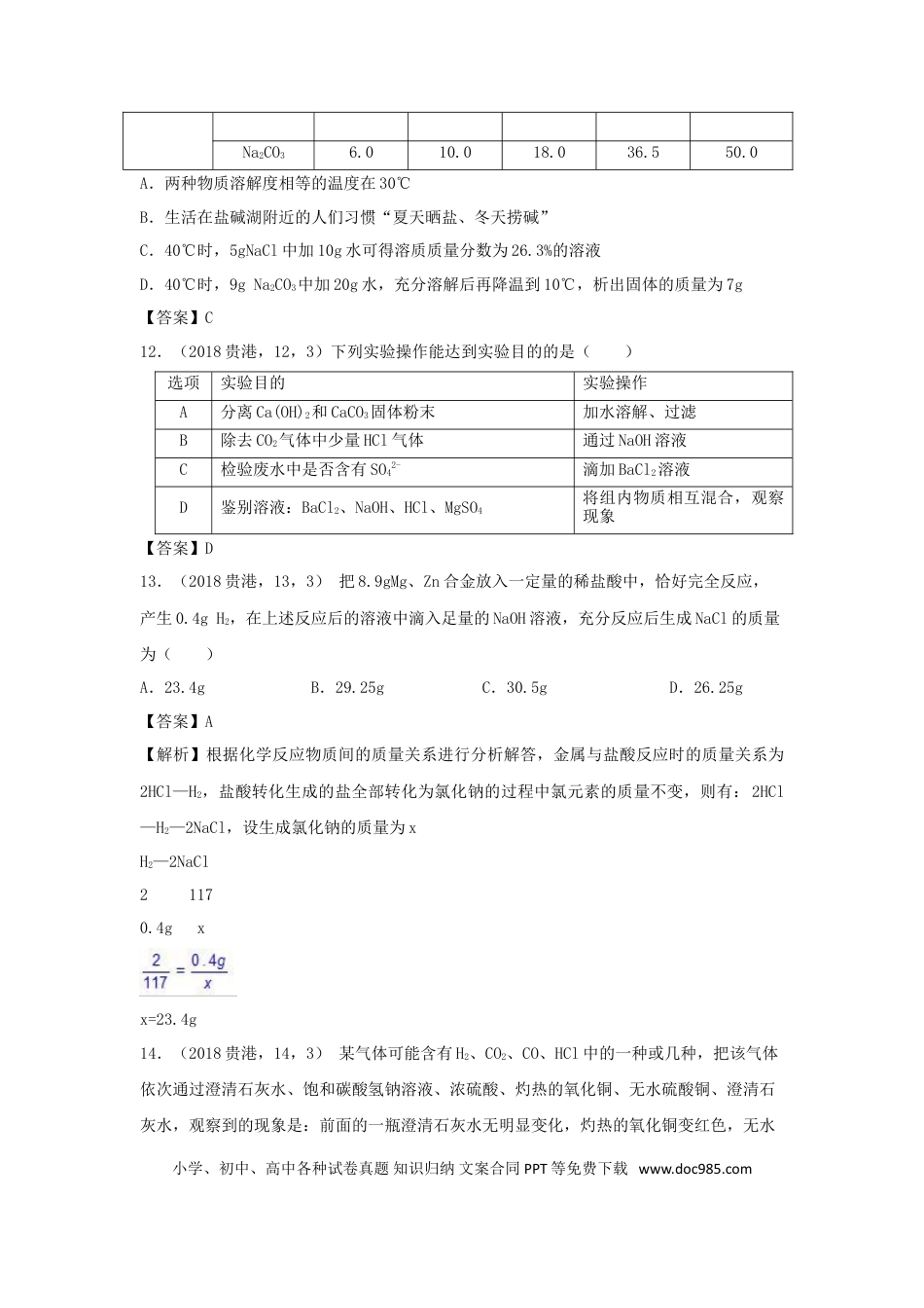 【中考历年真题】广西贵港市2018年中考化学真题试题（含答案）.doc