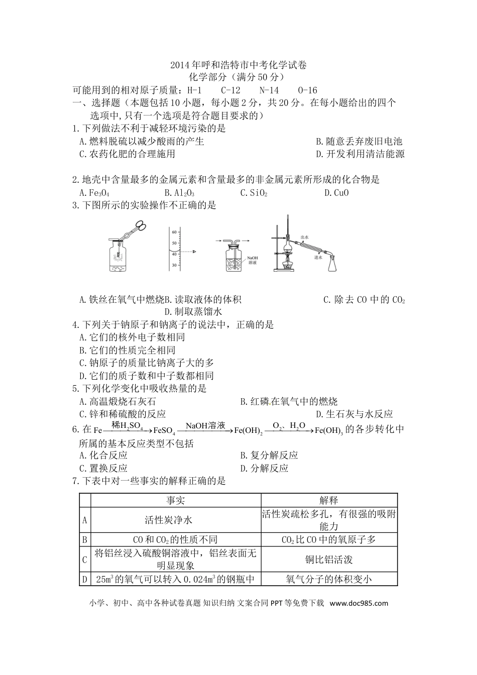 【中考历年真题】内蒙古呼和浩特市2014年中考理综（化学部分）试题（含答案）.doc