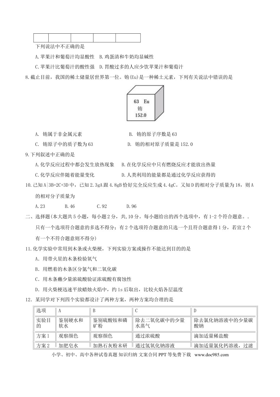 【中考历年真题】天津市2017年中考化学真题试题（含答案）.doc