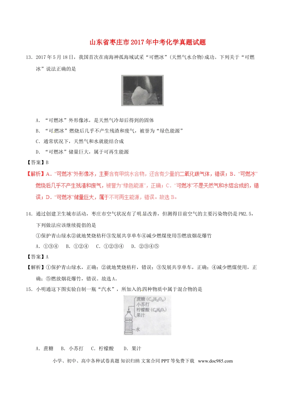 【中考历年真题】山东省枣庄市2017年中考化学真题试题（含解析）.doc