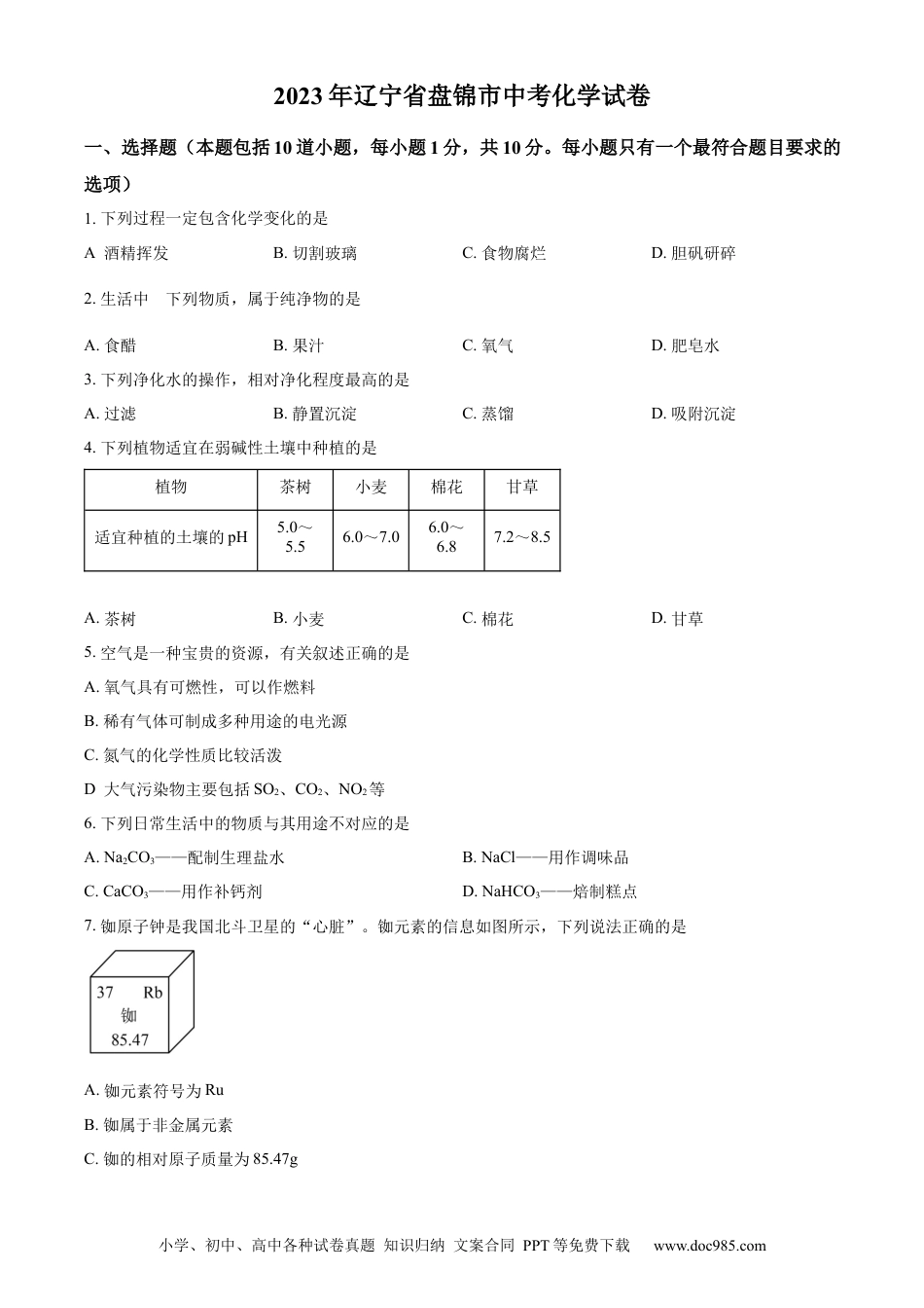 【中考历年真题】精品解析：2023年辽宁省盘锦市中考化学真题（原卷版） (1).docx