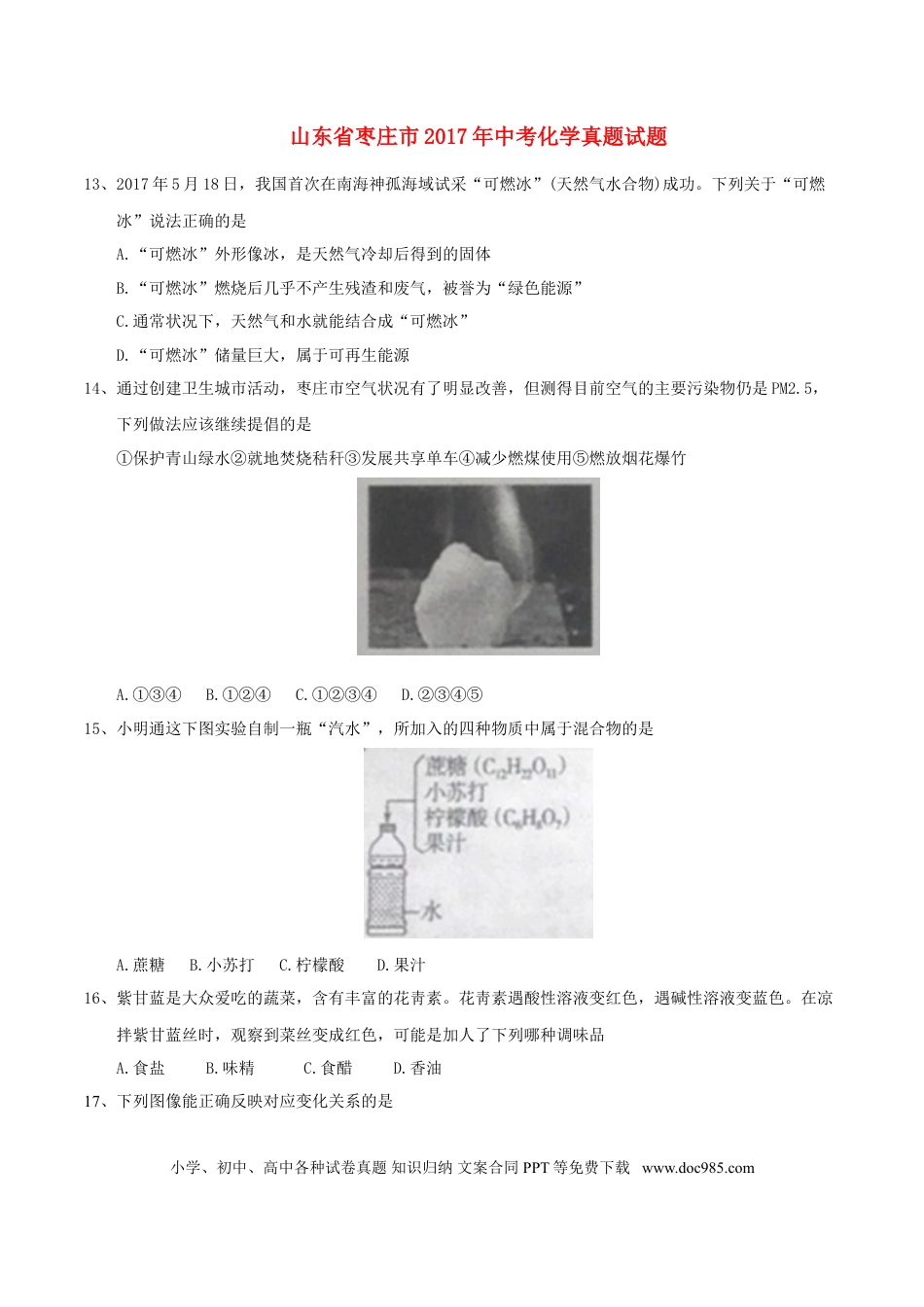 【中考历年真题】山东省枣庄市2017年中考化学真题试题（含答案）.doc
