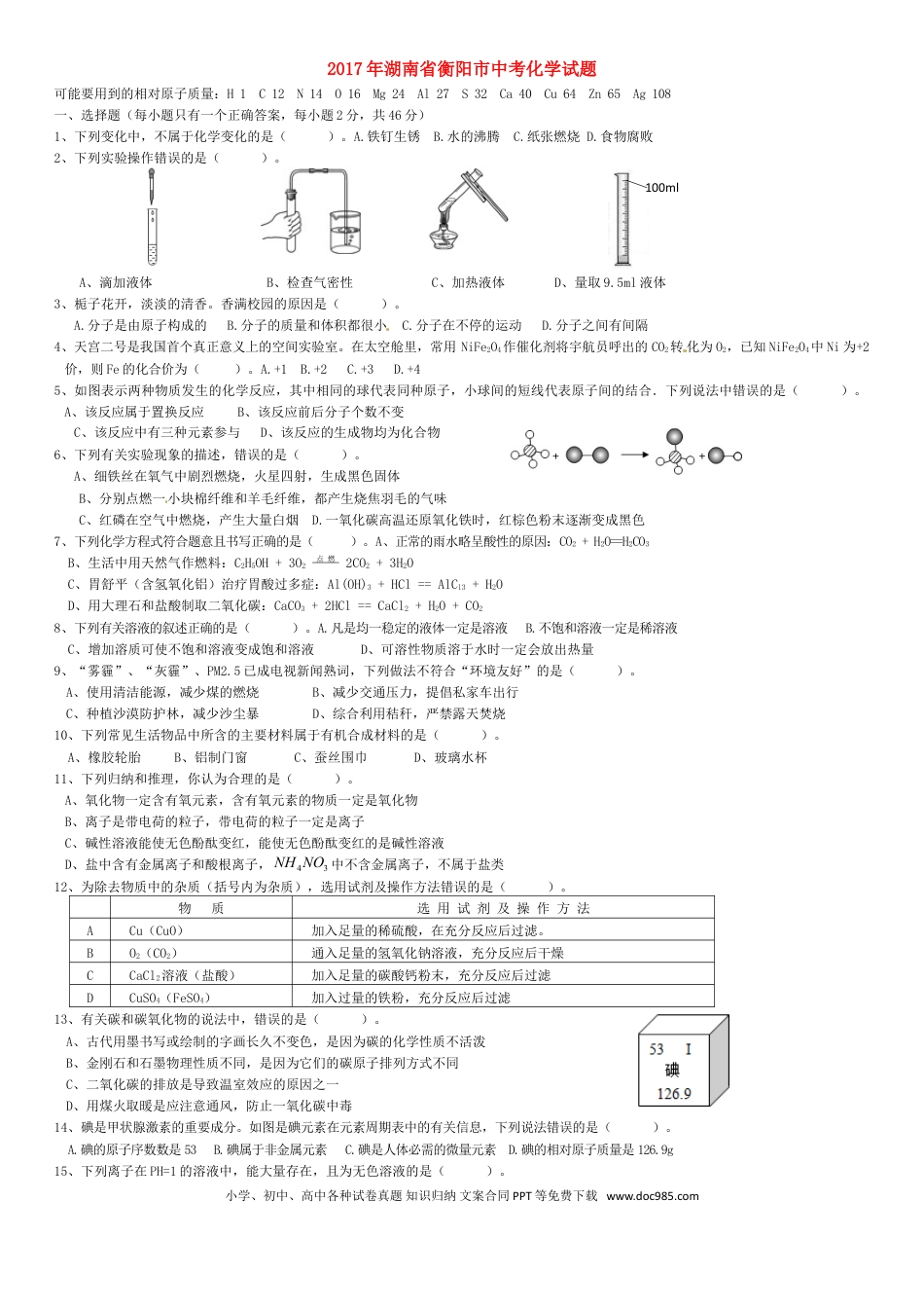 【中考历年真题】湖南省衡阳市2017年中考化学真题试题（含答案）.doc