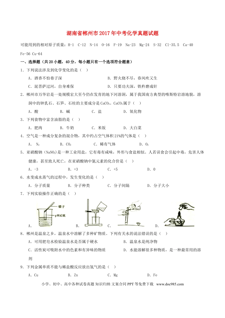【中考历年真题】湖南省郴州市2017年中考化学真题试题（含扫描答案）.doc
