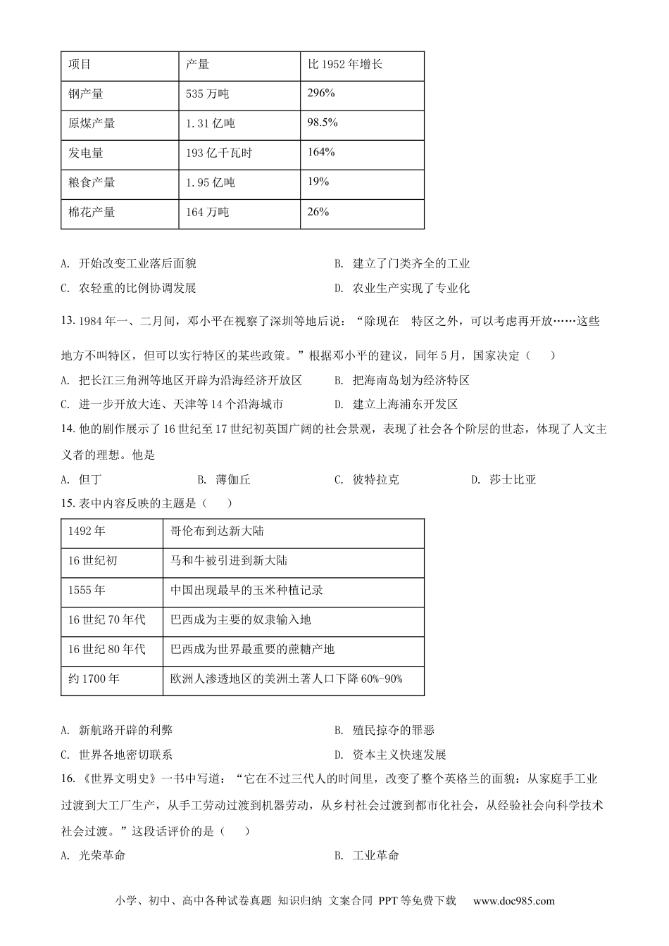 【中考历年真题】精品解析：2022年四川省雅安市中考历史真题（原卷版）.docx