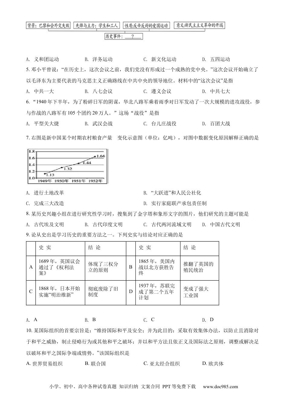 【中考历年真题】精品解析：2022年湖北省随州市中考历史真题（原卷版）.docx