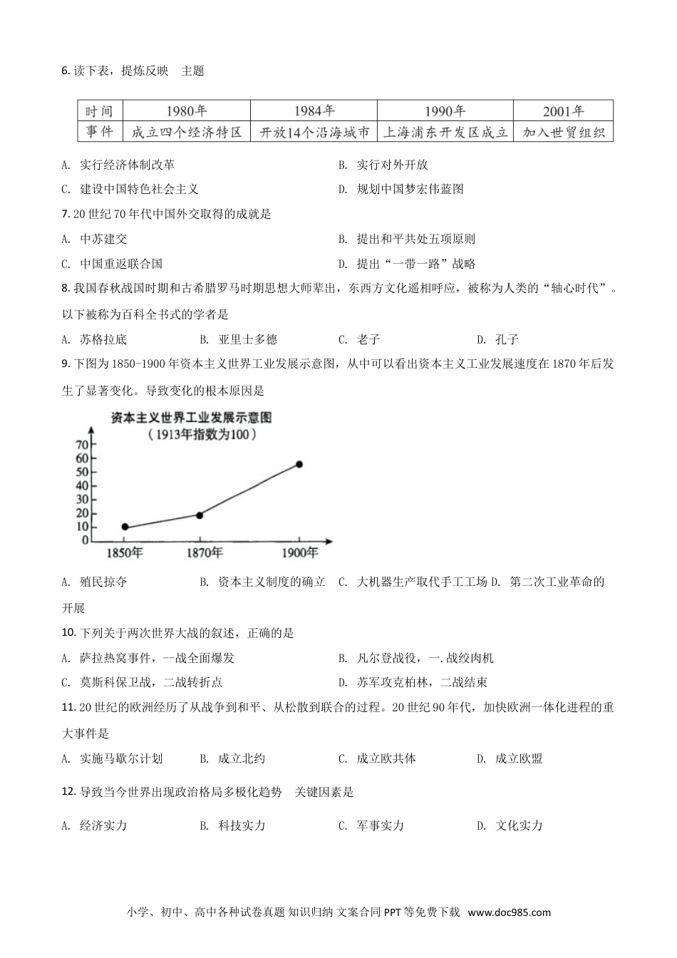 【中考历年真题】湖北省鄂州市2021年中考历史试题（原卷版）.doc