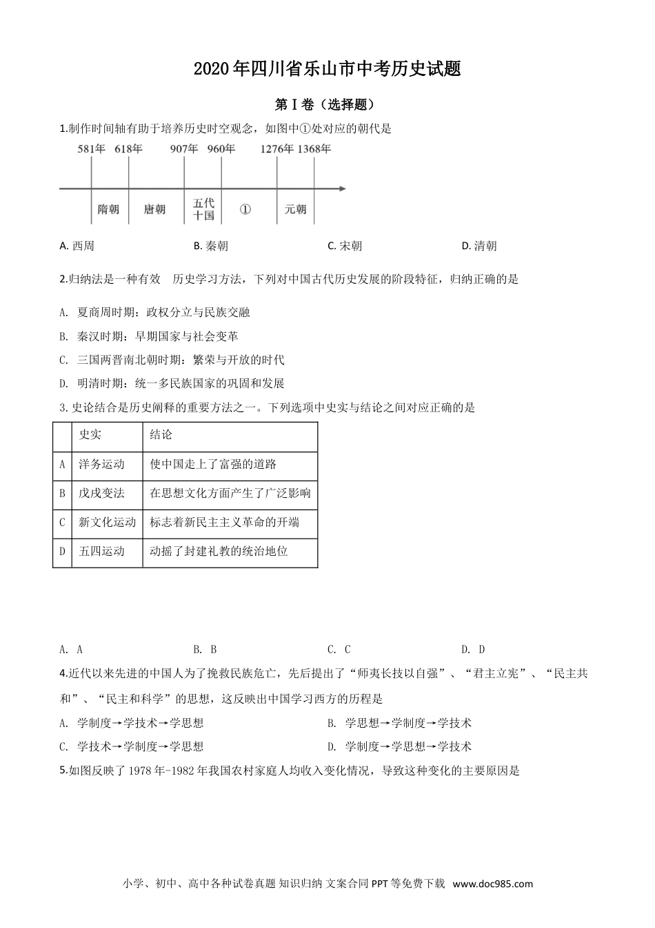 【中考历年真题】精品解析：四川省乐山市2020年中考历史试题（原卷版）.doc