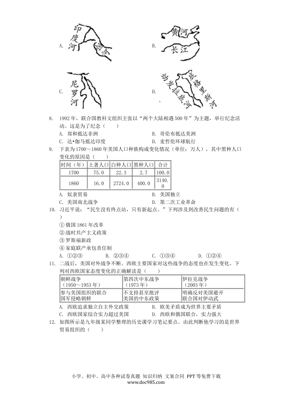 【中考历年真题】四川省绵阳市2019年中考历史真题试题（含解析）.docx