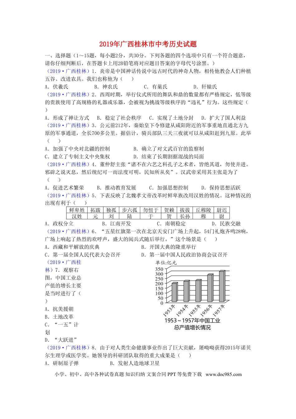 【中考历年真题】广西桂林市2019年中考历史真题试题.doc