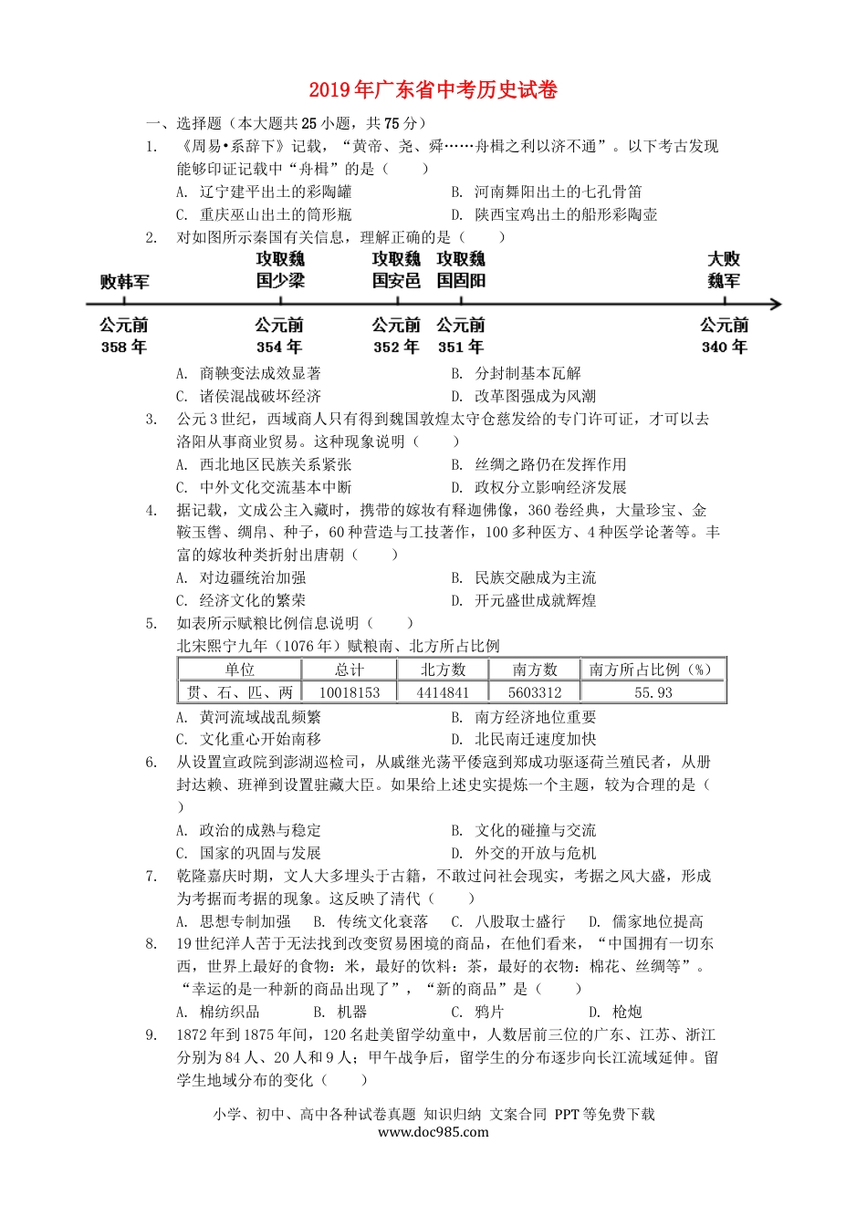 【中考历年真题】广东省2019年中考历史真题试题（含解析）.docx