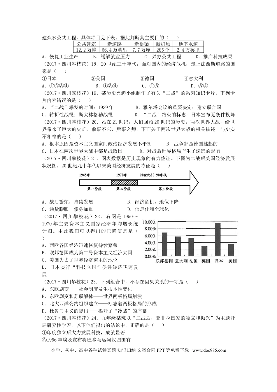 【中考历年真题】四川省攀枝花市2017年中考历史真题试题（含答案）.doc