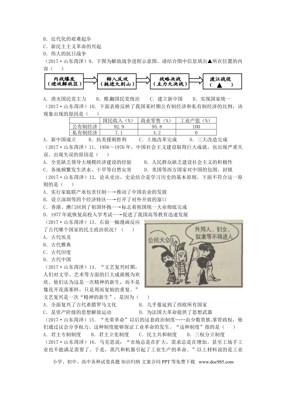 【中考历年真题】山东省菏泽市2017年中考历史真题试题（含答案）.doc