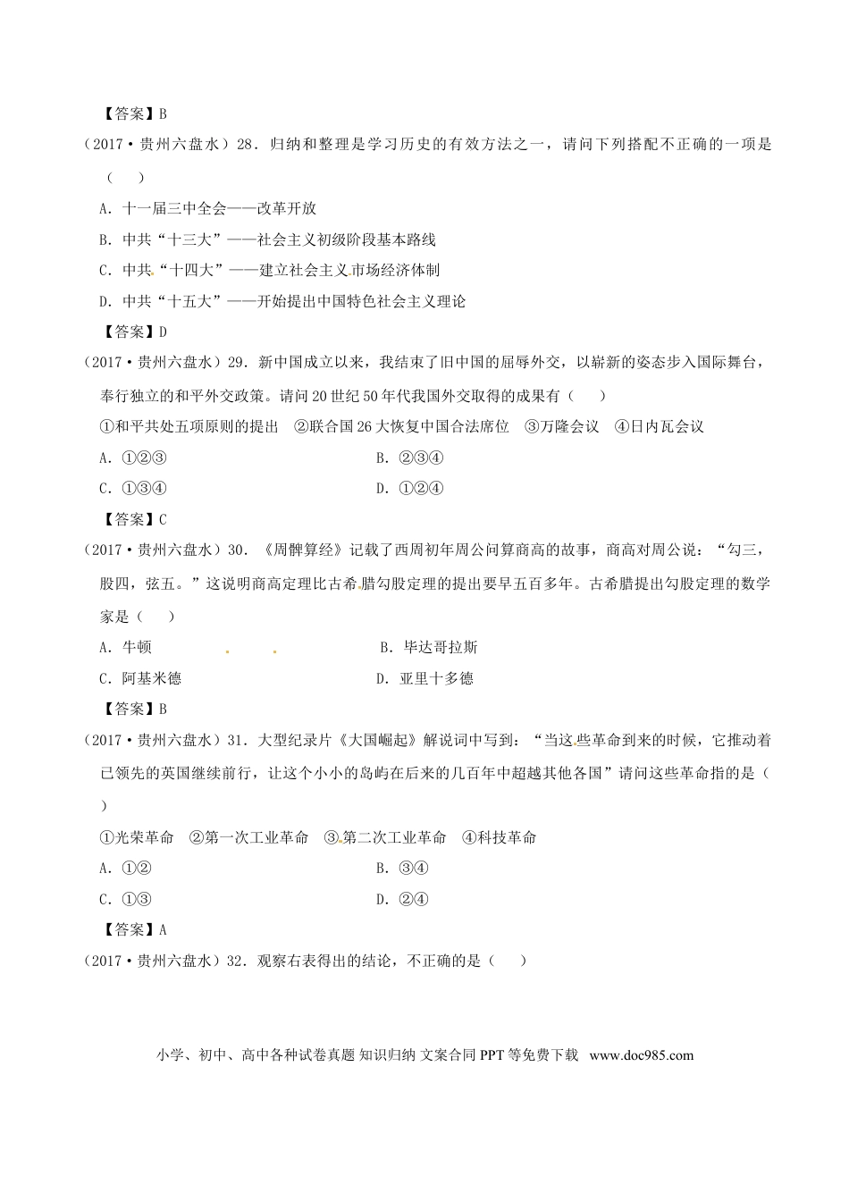 【中考历年真题】贵州省六盘水市2017年中考文综（历史部分）真题试题（含答案）.doc