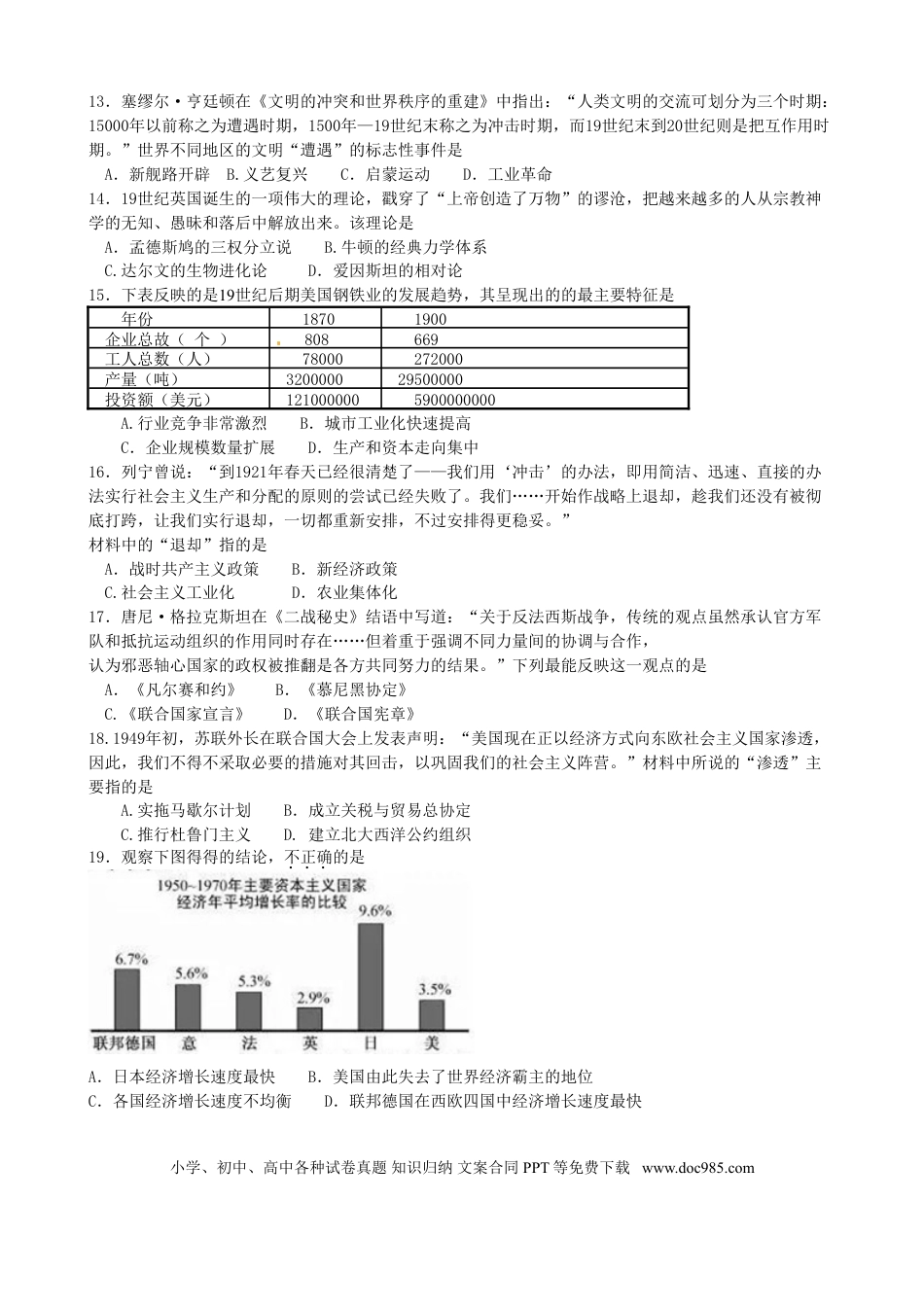 【中考历年真题】江苏省苏州市2016年中考历史真题试题（含扫描答案）.doc