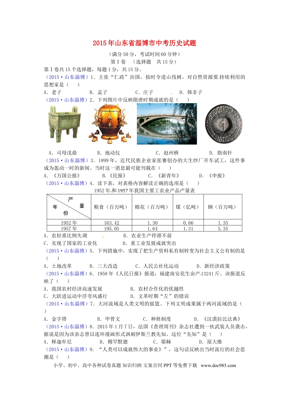 【中考历年真题】山东省淄博市2015年中考历史真题试题（含答案）.doc