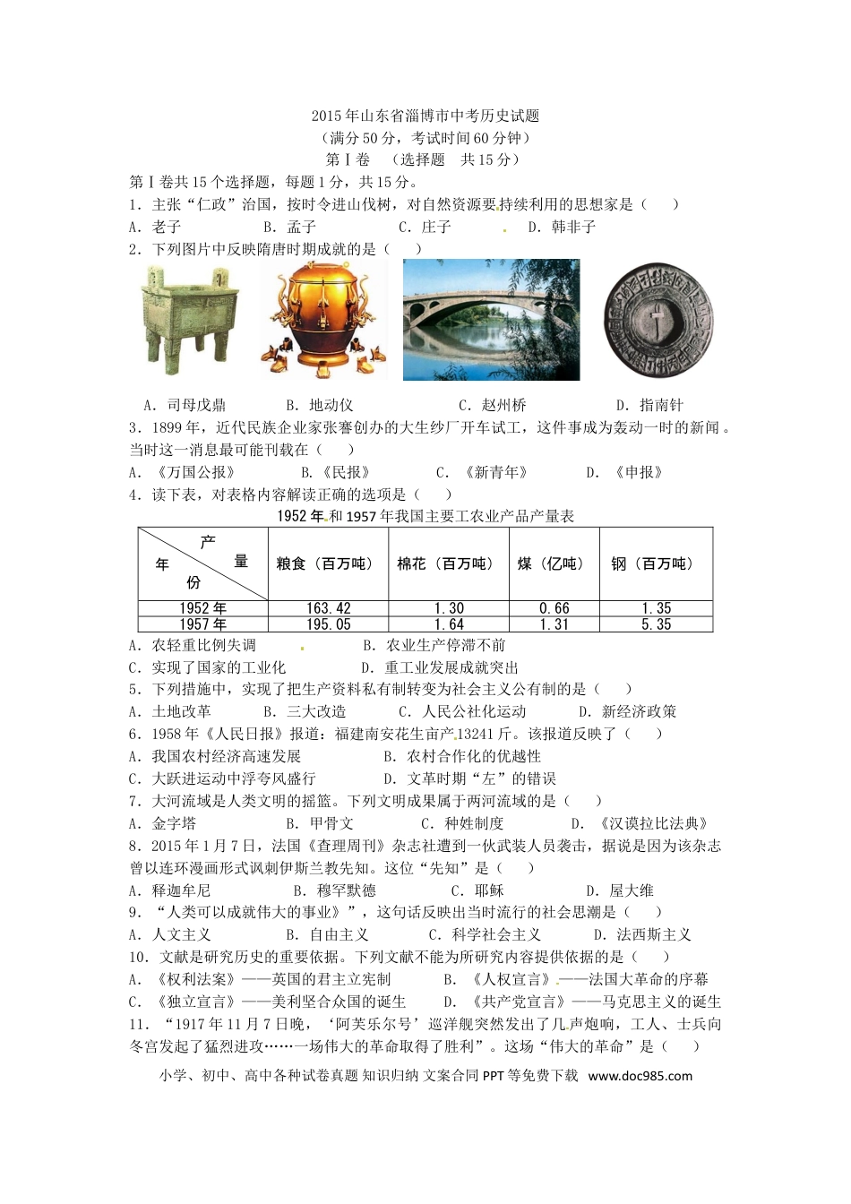 【中考历年真题】2015年山东淄博中考历史试题.doc