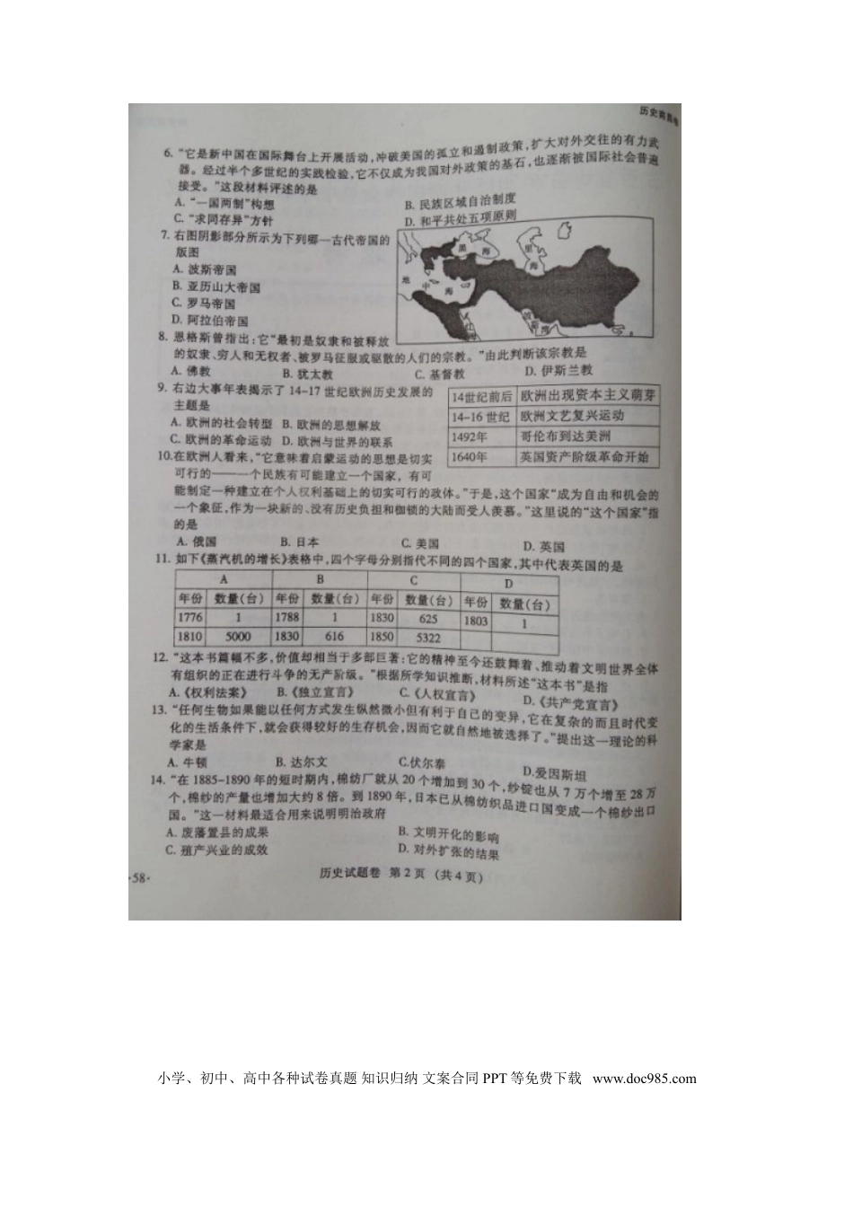 【中考历年真题】江西省南昌市2015年中考历史真题试题（扫描版，含答案）.doc