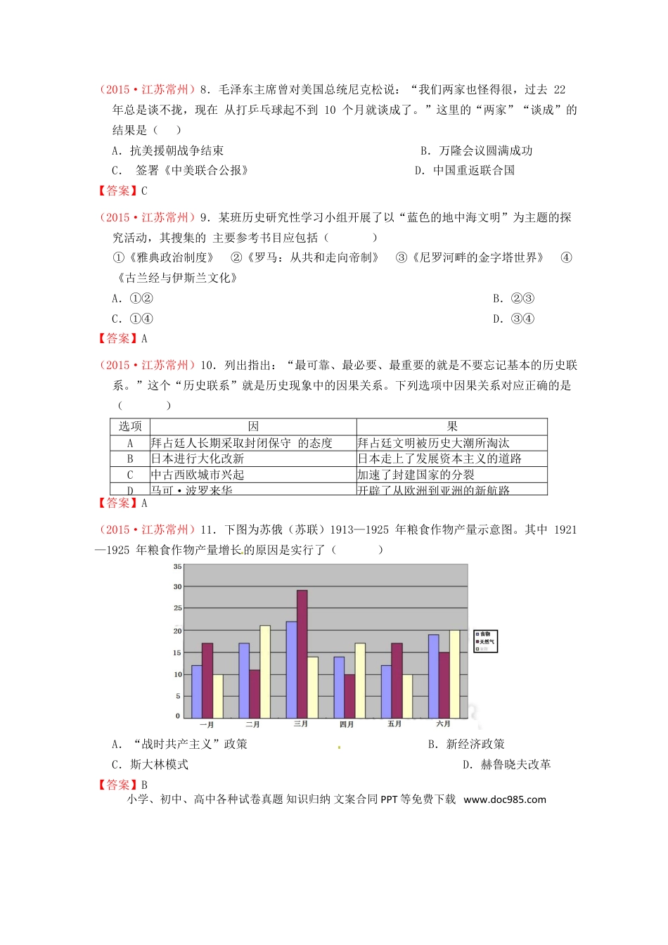 【中考历年真题】江苏省常州市2015年中考历史真题试题（含答案）.doc