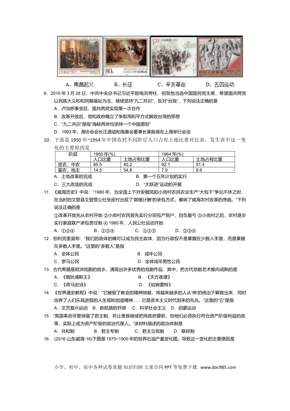 【中考历年真题】2016年威海市中考历史试题及答案.doc