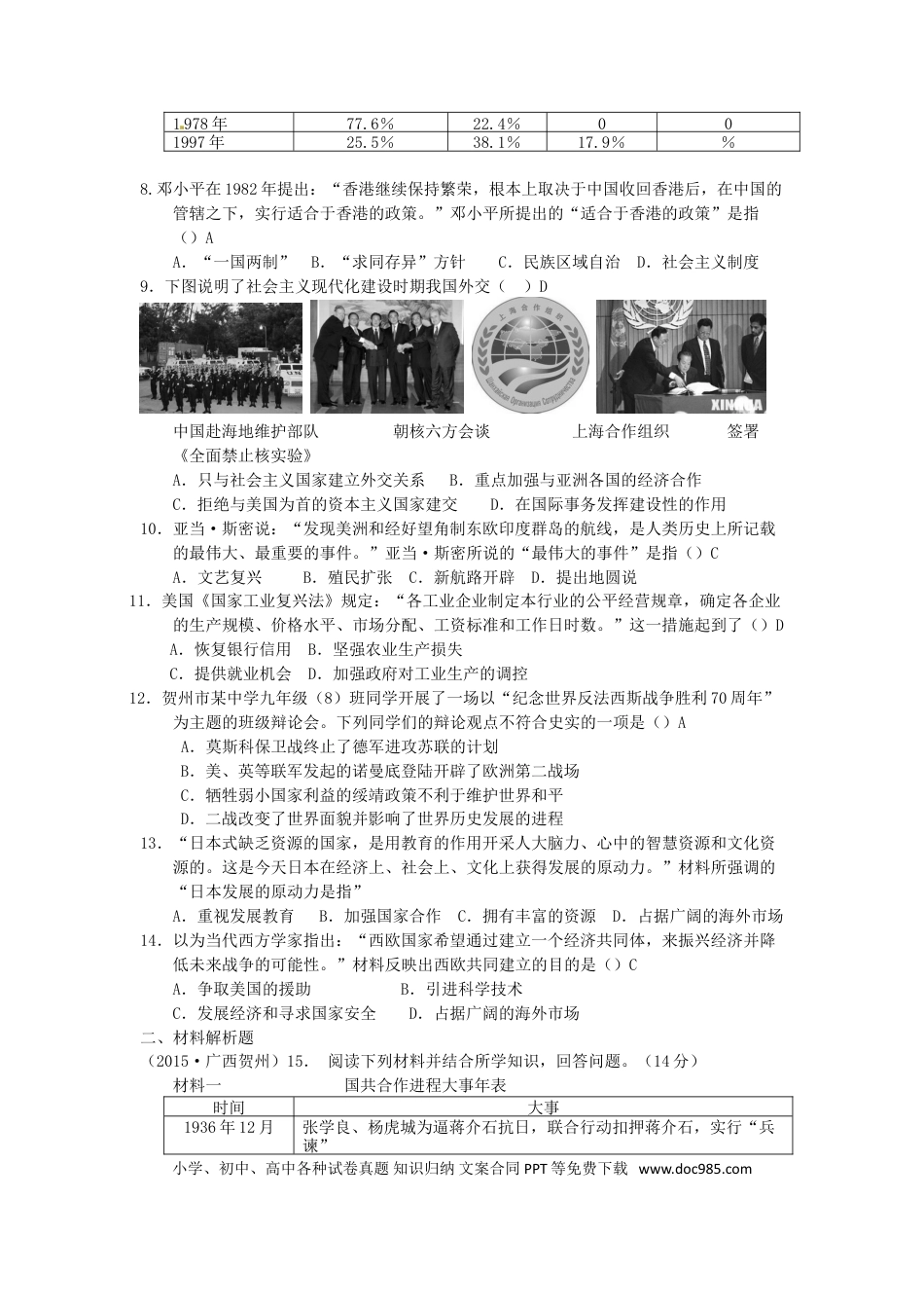 【中考历年真题】广西贺州市2015年中考历史真题试题（含答案）.doc