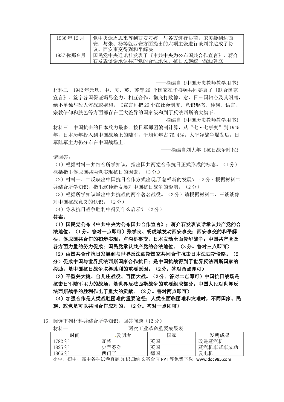 【中考历年真题】广西贺州市2015年中考历史真题试题（含答案）.doc
