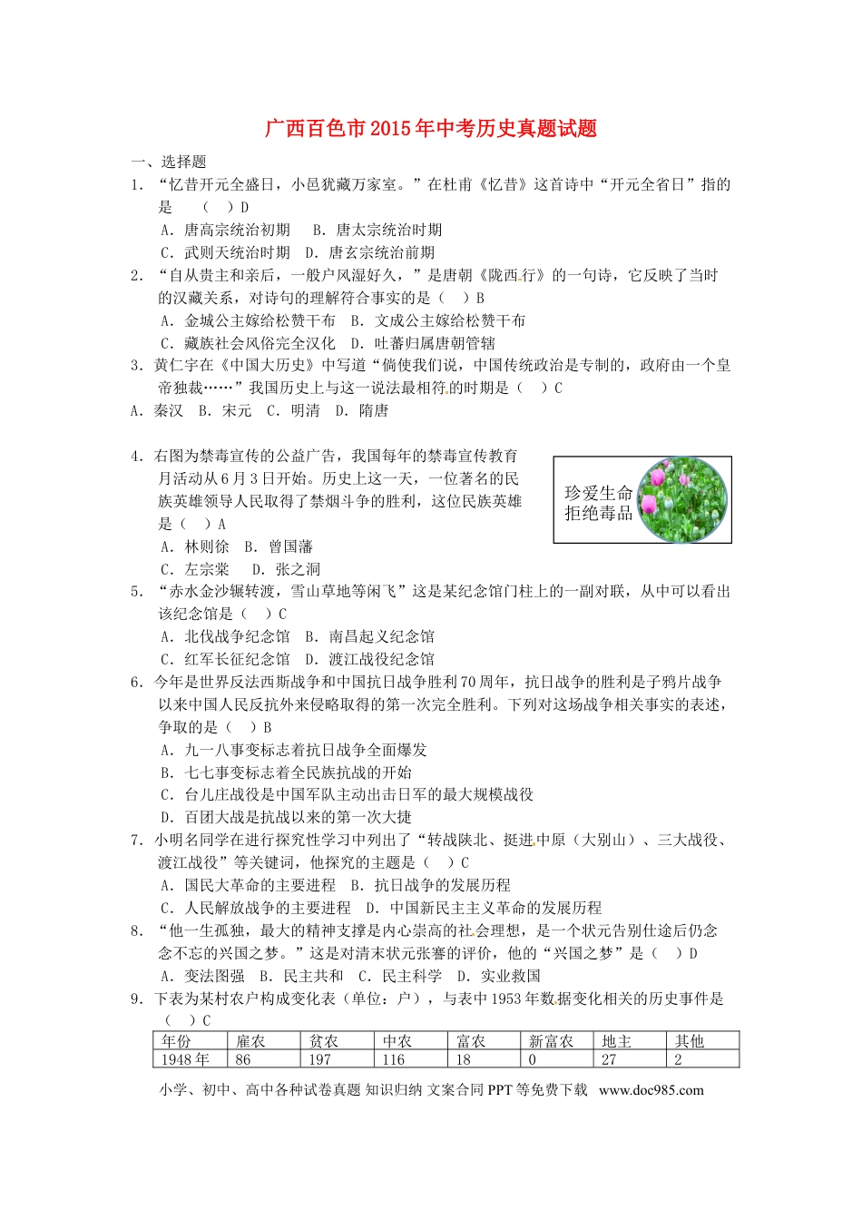 【中考历年真题】广西百色市2015年中考历史真题试题（含答案）.doc
