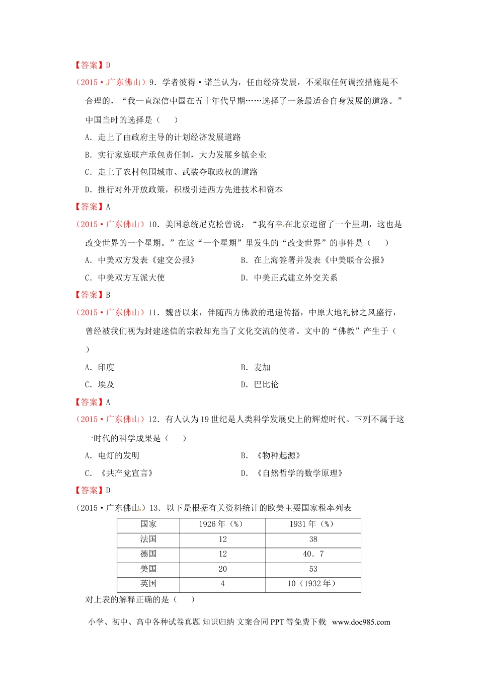 【中考历年真题】广东省佛山市2015年中考历史真题试题（含扫描答案）.doc